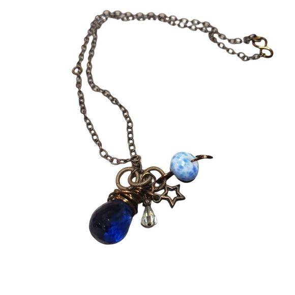 handmade Boro and Crystal Bead Necklace 18 inches copper Chain - Picture 2 of 4